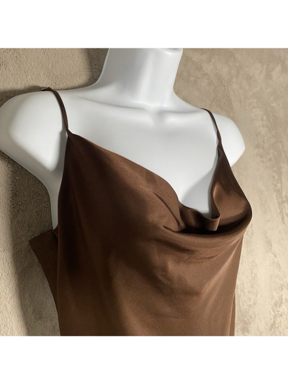 Windsor Satin Cowl Neck Midi Slip Dress M Chocolate Brown Slit Spaghetti Strap - Picture 3 of 15